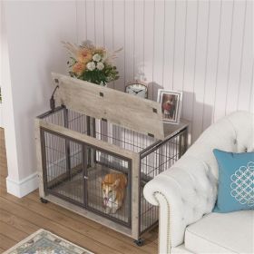 Furniture Style Dog Cage Edge Table With Wheels, Equipped With Double Doors And A Raised Tabletop (Color: Grey)