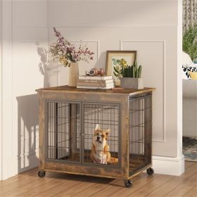 Furniture Style Dog Cage Edge Table With Wheels, Double Doors, Adjustable Height (Option: Rustic Brown)